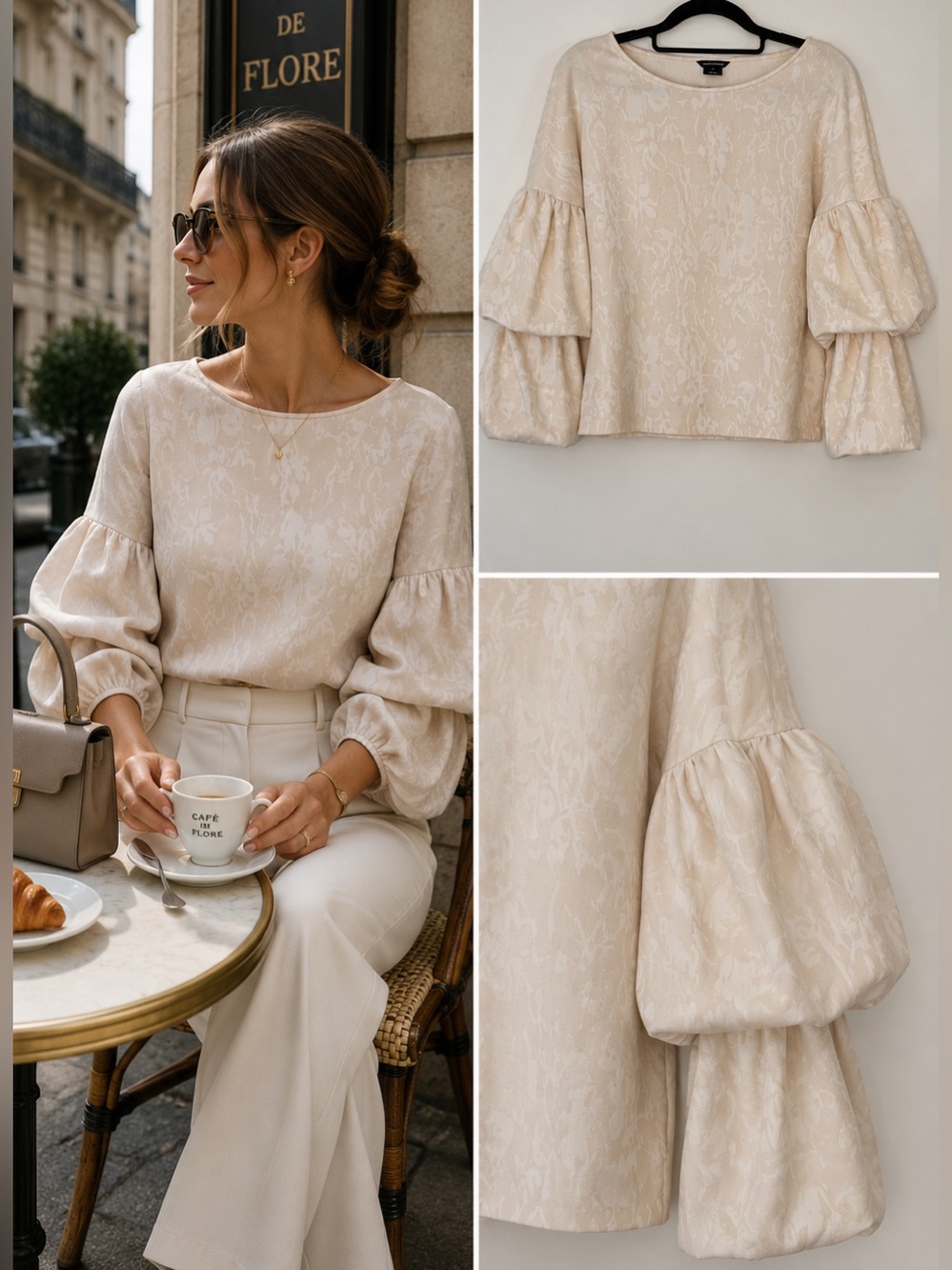 Club Monaco Floral Jacquard Balloon Sleeve Blouse Blush Cream Size Small
